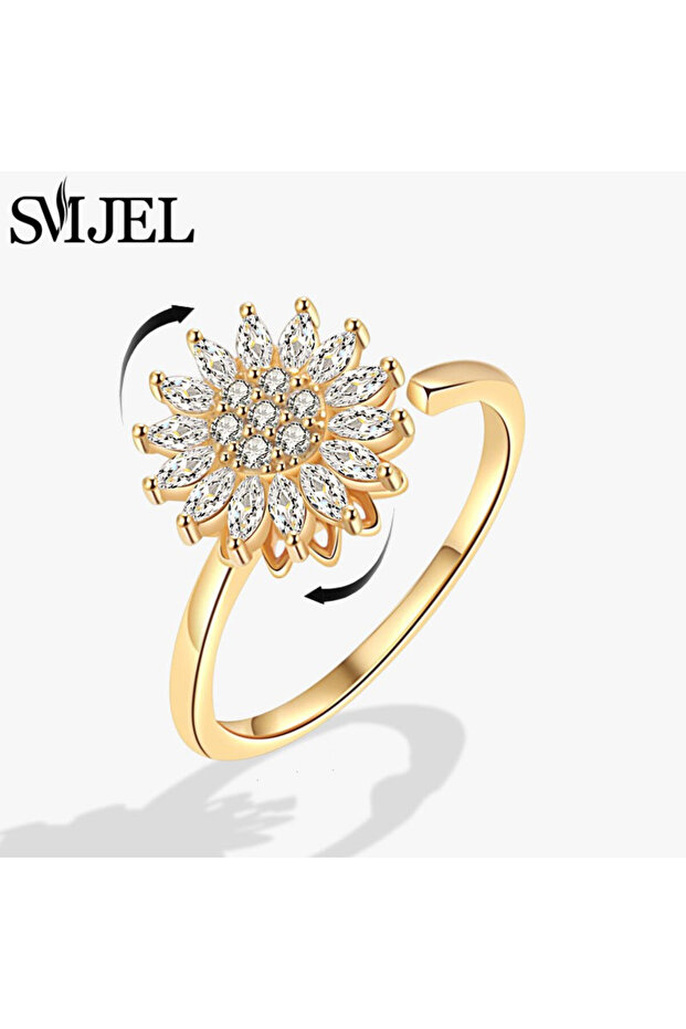 resizable TJZ513 Bohemia Fidget Spinner Ring Anxiety for Women Multiple Crystal Flower Adjustable Op