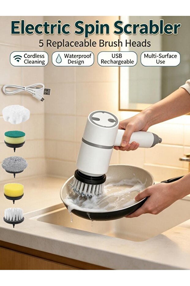 Rechargeable Wireless Electric Spin Scrubber 5 Replaceable Brush Heads Waterproof Bathroom Kitchen