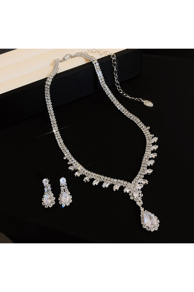 Silver color Large Water Drop Flower Necklace Earrings Set Shining Full Rhinestone Necklace For Wome