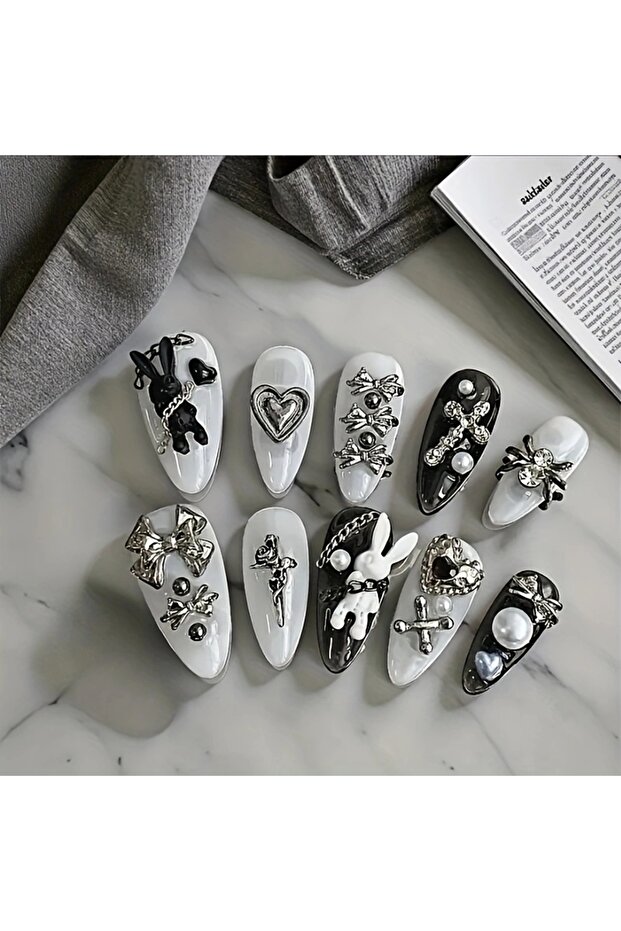 SJ116-L 10pcs Personalized Black and White Nail Art, Rabbit and Bow Decoration - Gothic Minimalist S