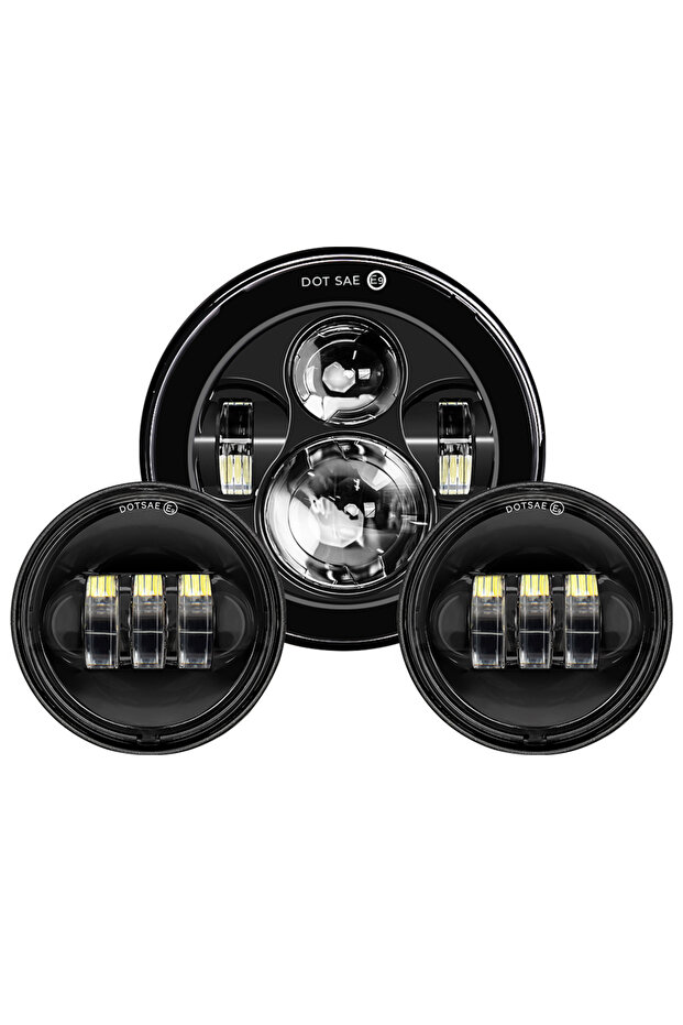Black Lamp NO DRL Motorcycle 7 inch Moto LED Headlight with 4-1/2" 4.5inch LED Auxiliary Fog Passing