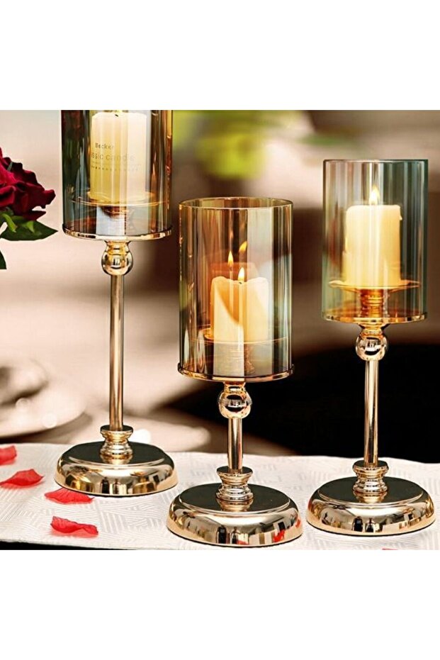 1Pc L Golden 1pc Golden Glass Candle Holders for Pillar Candle Candlestick for Dining Coffee Table W