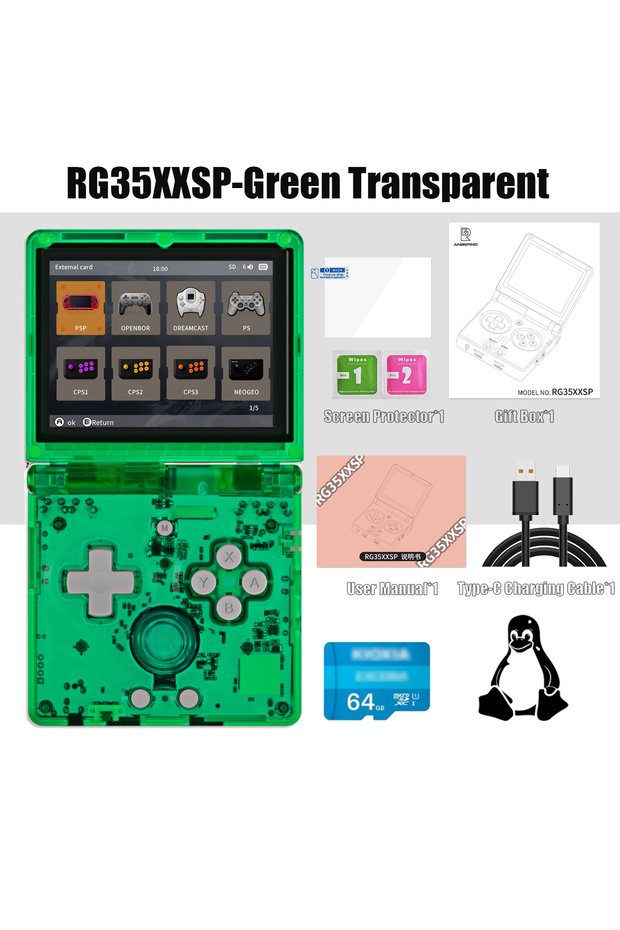 64G(5K Games) Green Anbernic NEW RG35XXSP Flip Handheld Game Console 3.5 Inch IPS Clamshell Video Ga