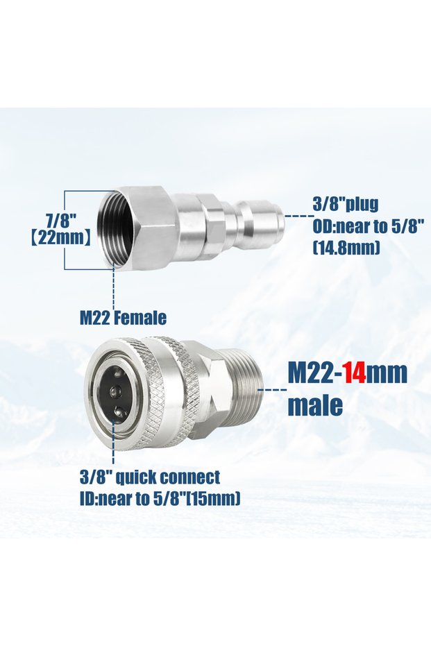M22-14mm Pressure Washer Adapter 360°Swivel M22 14mm to 3/8 Quick Connect Stainless Steel Quick Disc