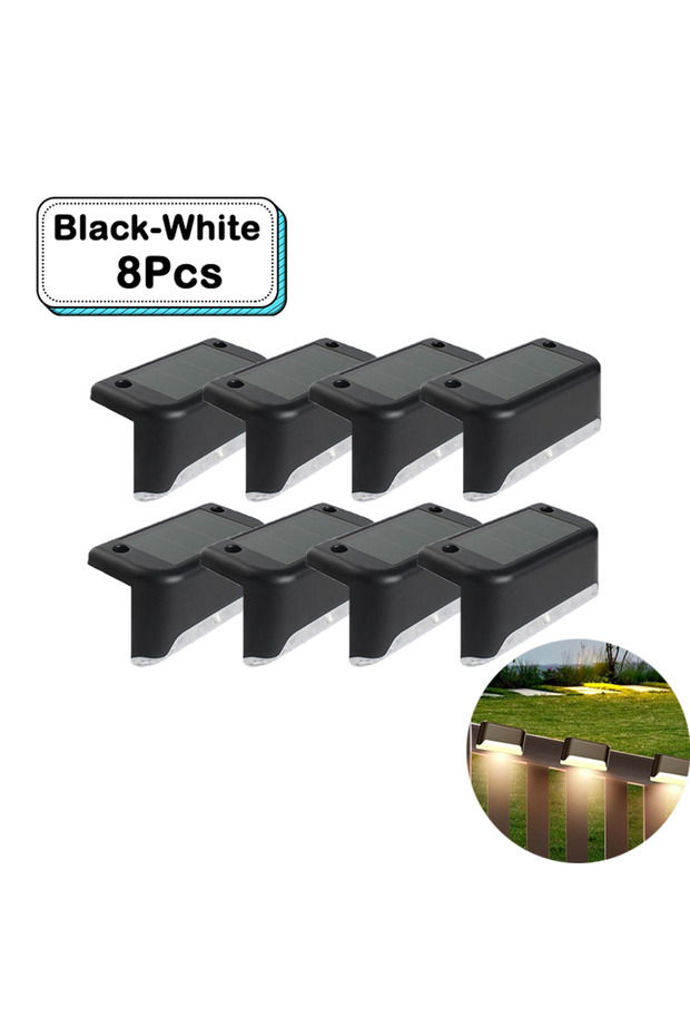 Black-White 8 Pcs Outdoor Solar Step Lights Warm White LED Waterproof Stair Path Lighting for Garden