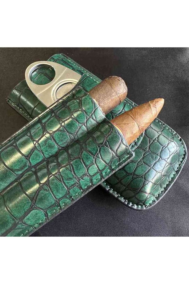 green Cigar Tube 2 Slots Case with Cigar Cutter Travel portable Cigar Accessories Leather Humidor 9