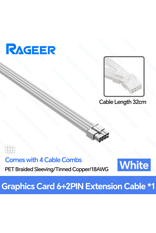 كابل تمديد وحدة تزويد الطاقة RAGEER WH 6-2P لوحدة معالجة الرسومات، كابل لوحة أم صلب ATX 24Pin لوحدة معالجة الرسومات PCIe 6+2Pin 8Pin CP