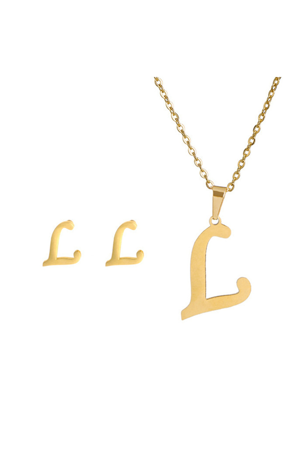 Sliver L Fashion Stainless Steel Alphabet Initial Necklace 26 English Letter Earrings Necklace For W