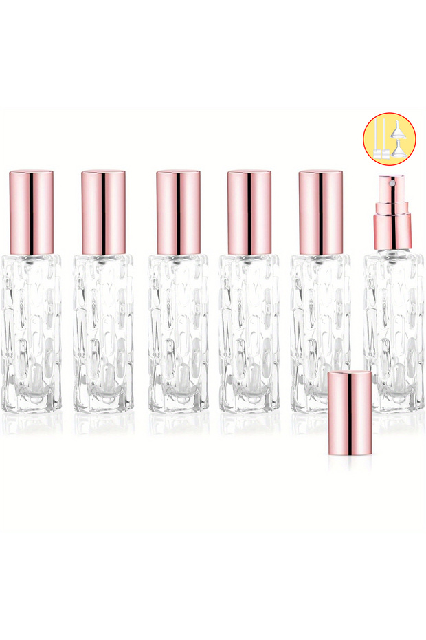 زجاجة عطر صغيرة للسفر سعة 10 مل، 6 قطع وردية + 4 ملحقات، مع 3 رشاشات