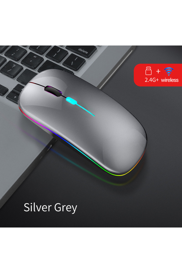 Grey Wireless Mouse Dual Mode Bluetooth-Compatible Mouse LED Rechargeable Laptop Mouse Portable Comp