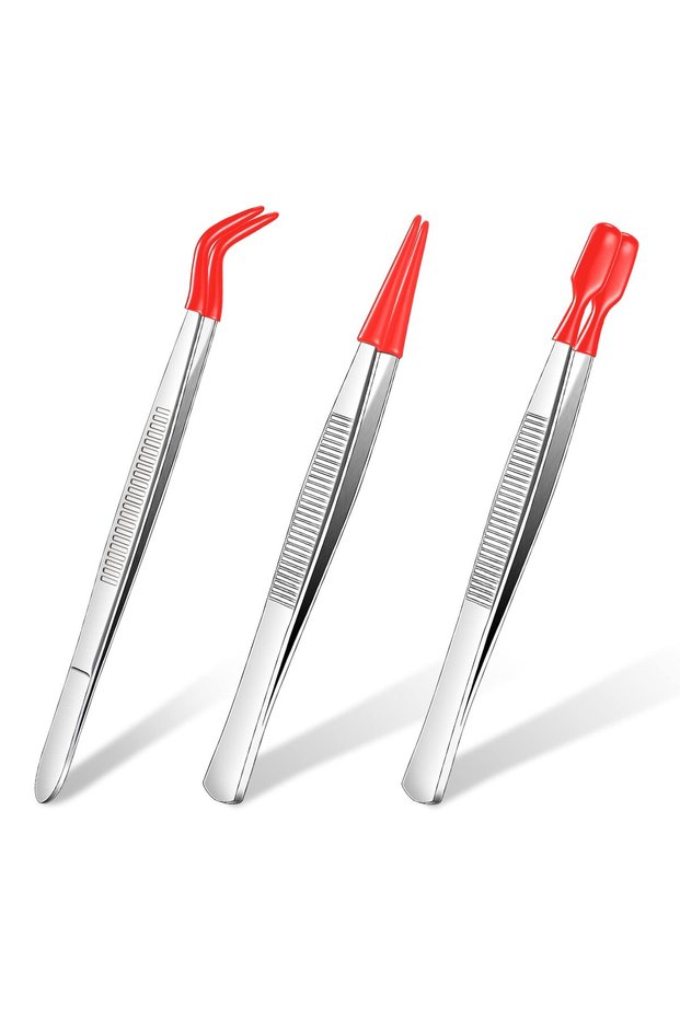 Red 3pcs 1/3/4 Pieces Tweezers with Tips Tweezers PVC Coated Tweezers Set, Straight Tip Twee...