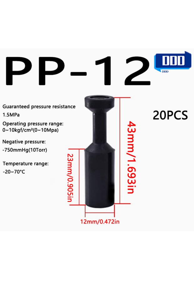 PP12-أسود 20 قطعة موصل هوائي سريع التوصيل، قابس بلاستيكي، سدادة أنابيب PP PPF 4 مم 6 مم 8 مم 10 مم 12 مم