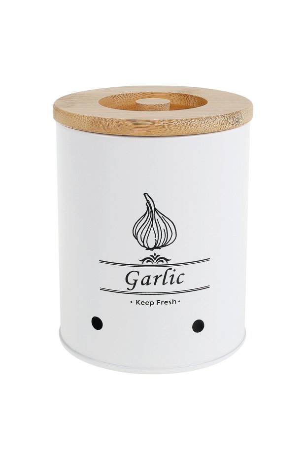 White Garlic Keeper Storage Jar Versatile Onion Potato Garlic Storage Box with Wood Lid Food Contain