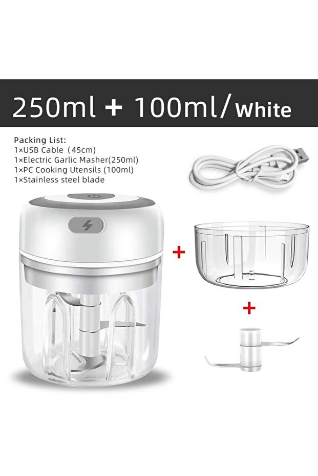 105-2Cups-White 100ML/250ML Electric Meat Mincer Garlic Chopper Rotate Garlic Press Crusher Vegetab