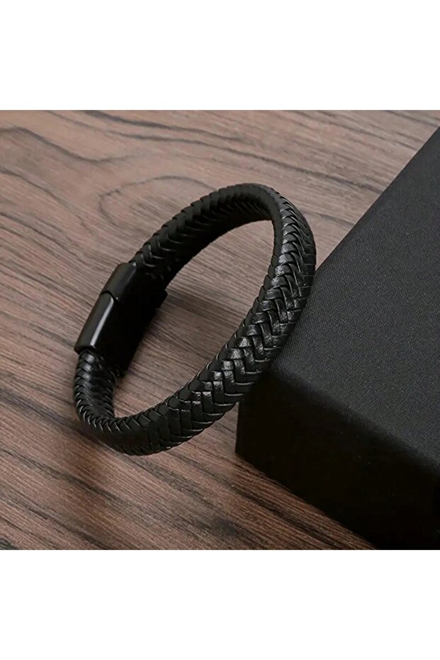 21cm Black Fashion Retro Men's Leather Open Bangle, Simple Multi-Size Woven Leather Hand Rope, Outdo