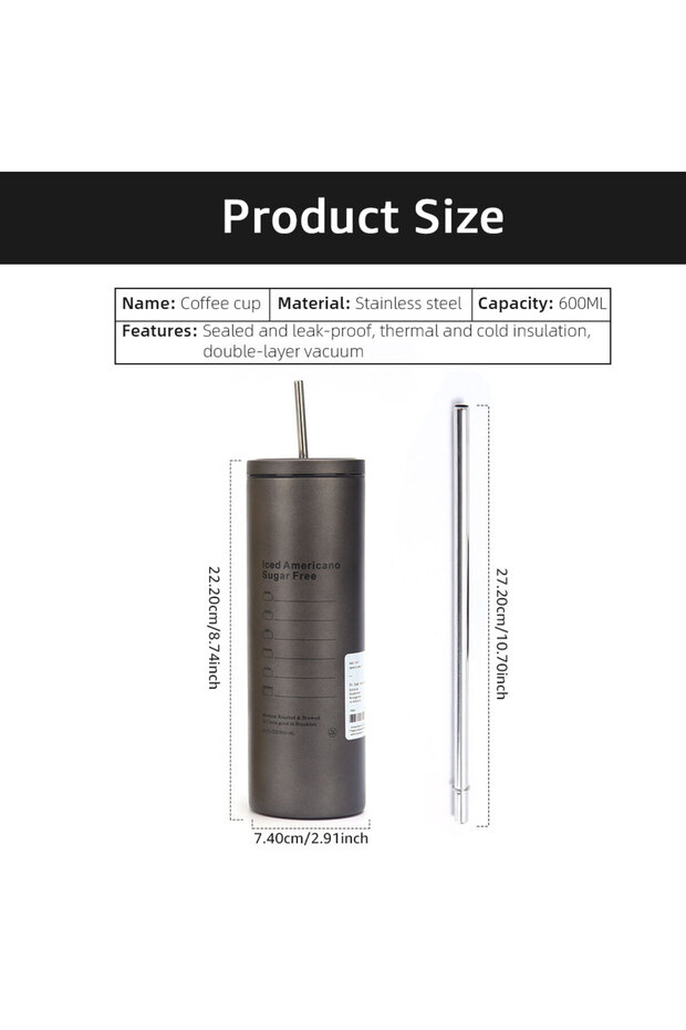 601-700ml Style A black Coffee Cup Thermos 304 Stainless Steel Double -layer Cooler Straw Cup Portab