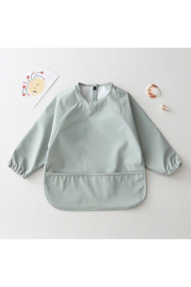 M green Solid Color Baby Feeding Bibs With Long Sleeves Infant Boys Girls Bib Aprons Easy Clean Chil