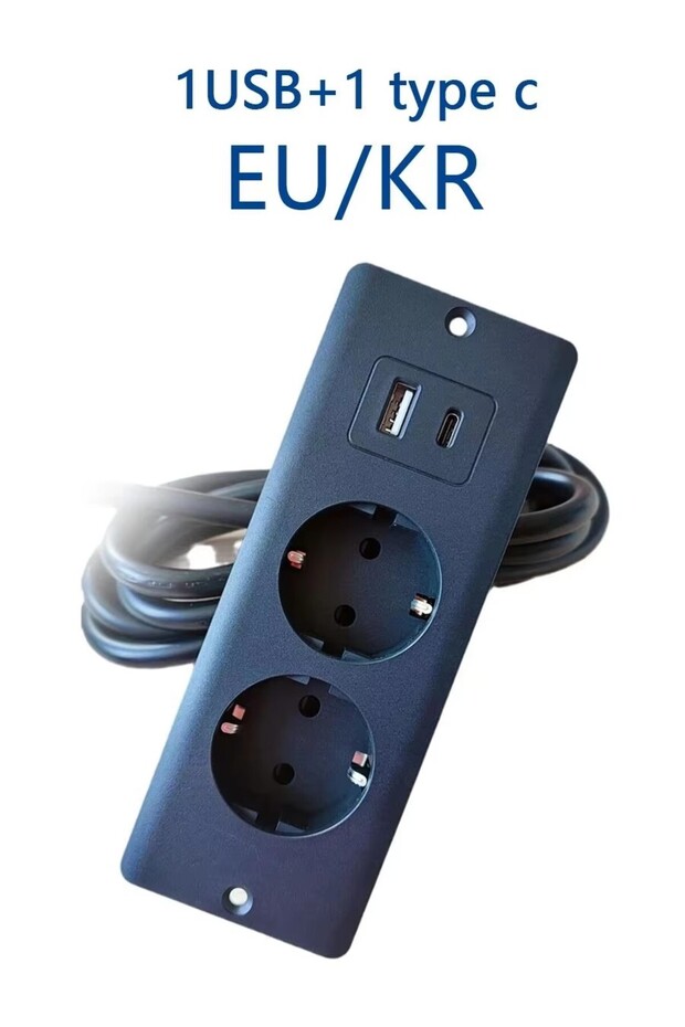مقابس طاولة مدمجة USB A C سوداء بمعيار الاتحاد الأوروبي والكورية، منفذان مع USB نوع C 5 فولت 2.1 أمبير، تيار متردد 110-220 فولت، للمكتب والمنزل