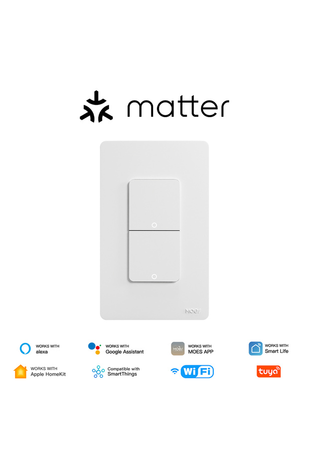 مفتاح إضاءة ذكي MOES Matter ثنائي القنوات يعمل بالواي فاي، تحكم عبر التطبيق، يتطلب سلكًا محايدًا وتأريضًا