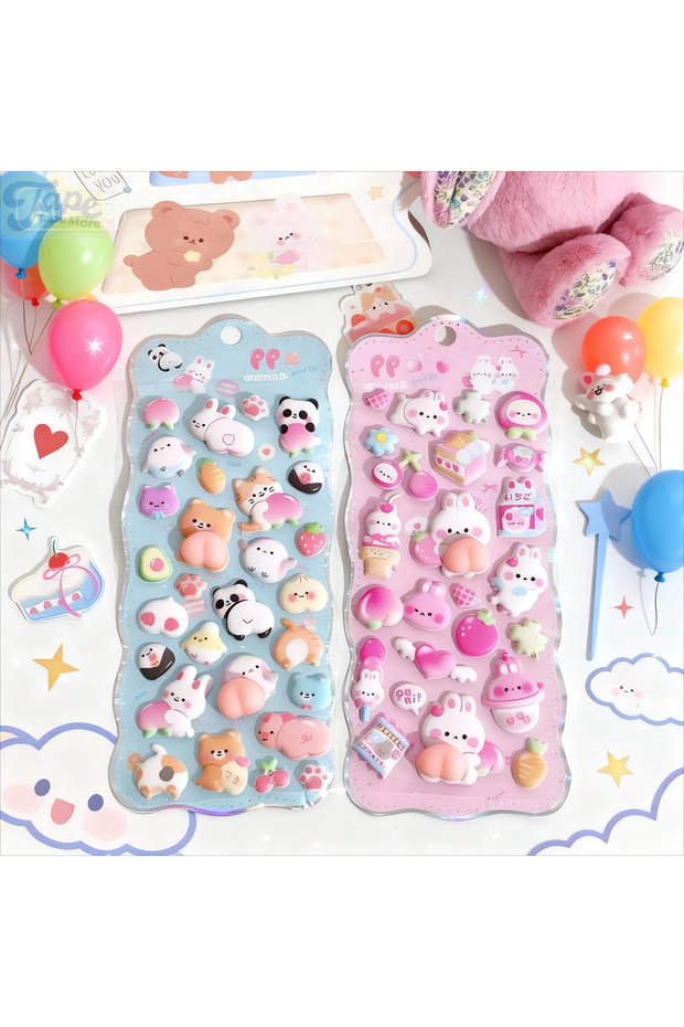 Bunny and Teddy 3D Cute Bunny Peach Sticker Kawaii Animals Stickers - Squishy Fidget DIY Decal for P