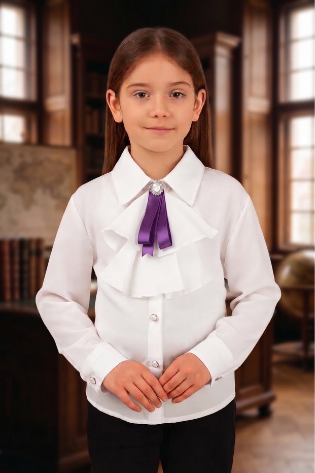 White Shirt / School Shirt with Long Sleeve Removable Scarf and Accessories for Girls