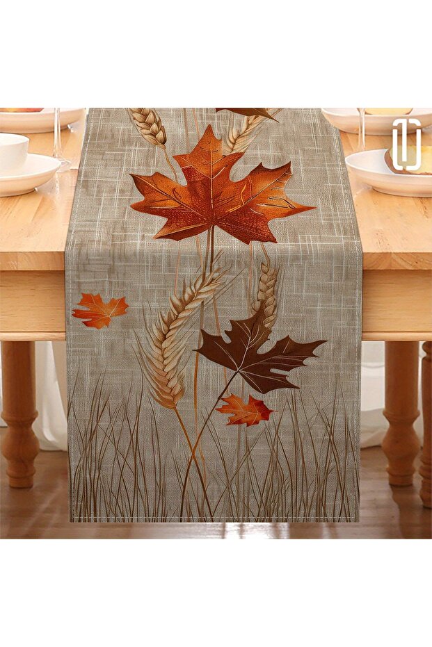 33X183Cm A 1 Piece of Autumnal Pastoral Table Runner, Featuring Maple Leaves, Wheat Ears, and Grass