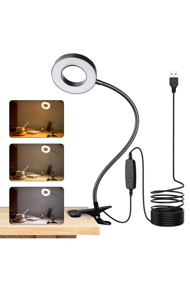 مصباح مكتب LED أسود قابل لإعادة الشحن عبر USB، مصباح طاولة بـ3 أوضاع إضاءة قابلة للتعتيم باللمس، يحمي العينين مع مشبك قابل للطي، حجم L