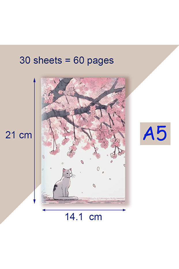 A5 - lined pages 536-2 A5 Notebooks - Cat Sakura Garden Tree - Japanese Cherry Blossom Aesthetic Flo