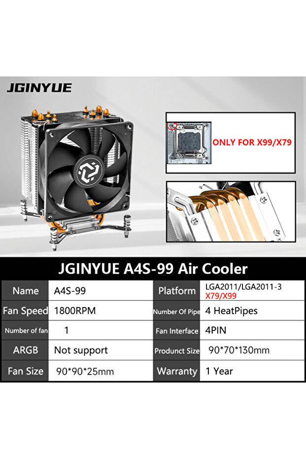 NO RGB black JGINYUE A4S-99 4 Heat-Pipe CPU Air Cooler TDP 150W CPU for Intel® X79/X99 Motherboard L