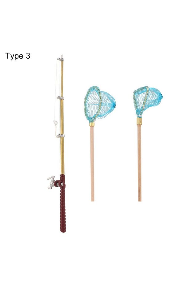 Type 3 1:12 Miniature Fishing Rod Fish Pole Trammel Net Dollhouse Decoration Doll Accessories Scene
