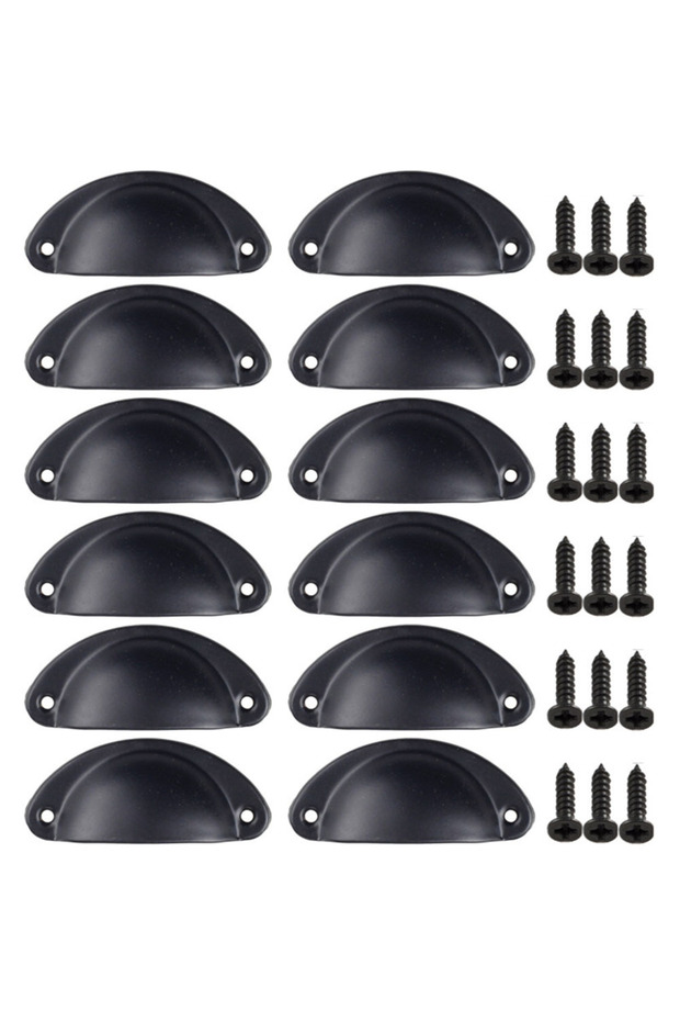 Black 12Pcs Cup Pull Shell Handles Half Moon Iron Retro Handle Kitchen Cupboard Cabinet Door Drawer
