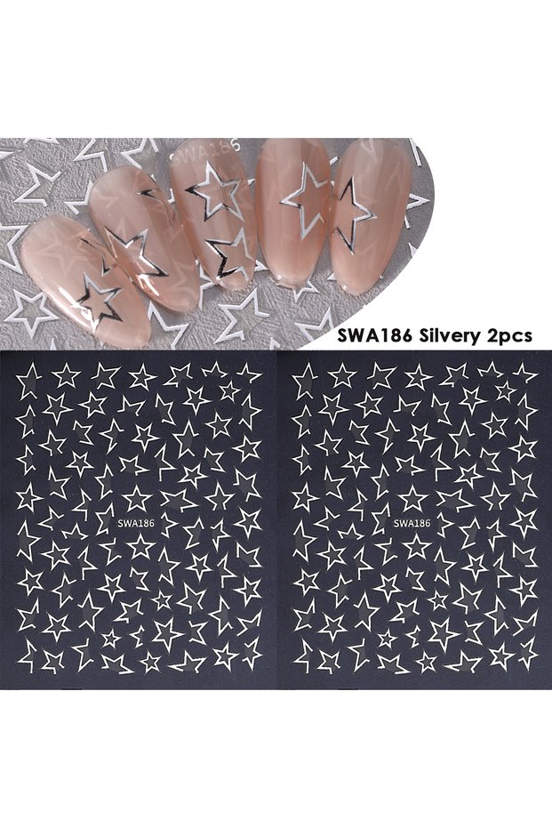 SWA186 Silver 2pcs 2pcs Y2K Pink Hollow Star Nail Stickers Reflective Silver Glitter Starry French A