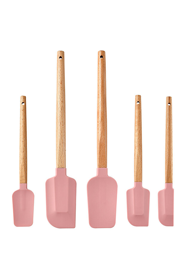 5PCS Pink Silicone Scraper Scraper, Home Baking Wooden Handle Scraper, Cake Scraper, Cream Small Spa