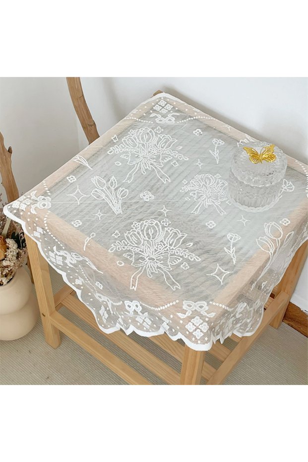 60X60Cm White One Antique Embroidered Lace Tablecloth - Solid Color Elegant Flower Cut Process Polye