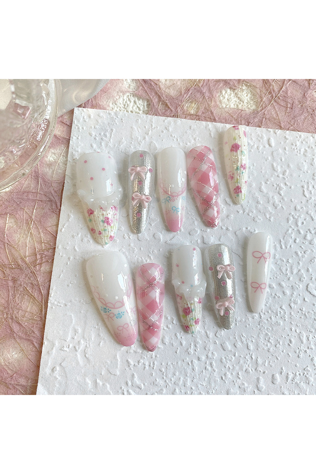 SJ0090-S 10 Pieces of Hand Pressed Long Pointed Oval Nails, Beautiful Fake Nails, Pink and White, Cu