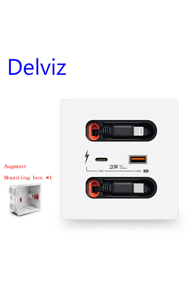 مقبس USB أبيض من Delviz مع كابل شحن قابل للسحب، منفذ USBA+USBC عالمي 5 فولت 3100 مللي أمبير، 20 واط