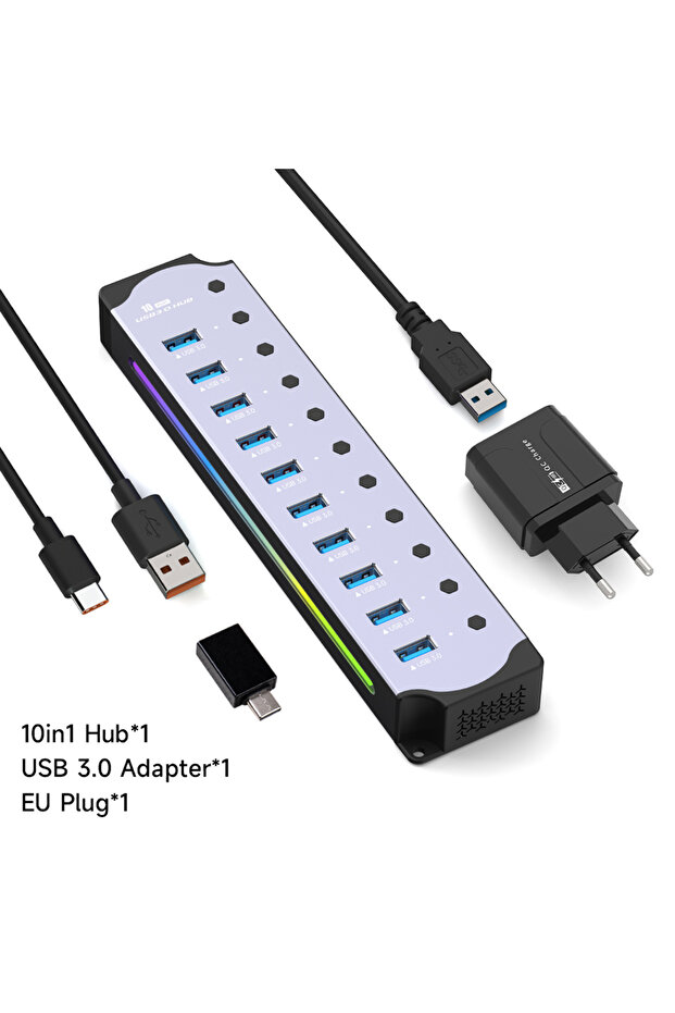 10 في 1 الاتحاد الأوروبي 10 في 1 موزع USB مزود بالطاقة واجهة USB 3.0 مفتاح فردي RGB E-Marker تبديد الحرارة