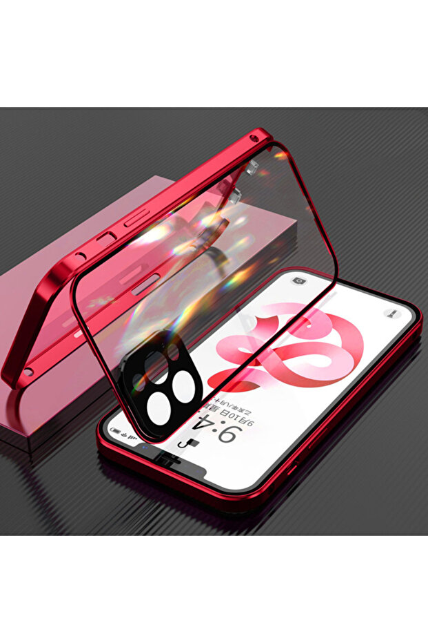 For iPhone 16 Red 360°Full Protection Metal Magnetic Double-Sided Glass Lock Buckle Phone Case For i