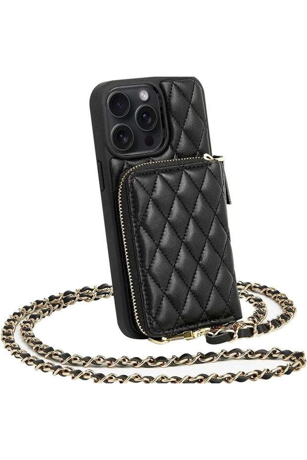 iPhone17 black Diamond embroidery thread phone case crossbody chain card bag portable for iPhone 16,