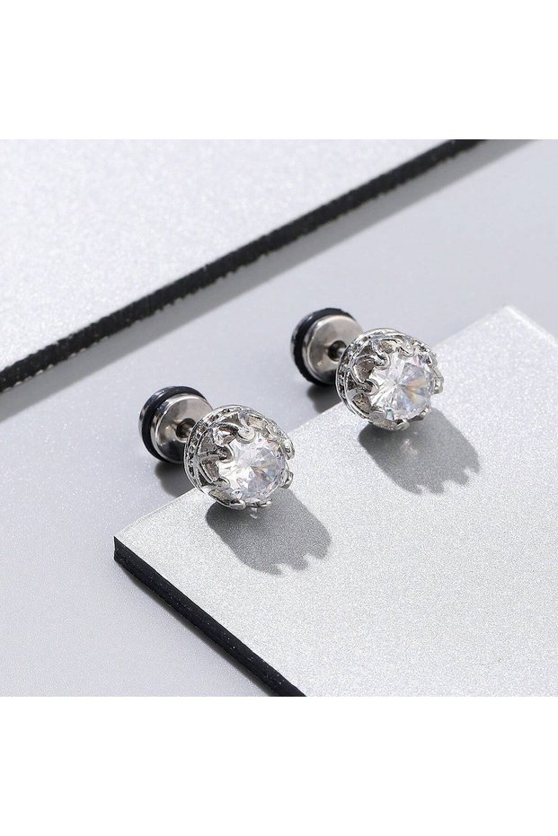 white 1 Pair Of Fashionable Crown-Shaped Stainless Steel Men\ Stud Earrings