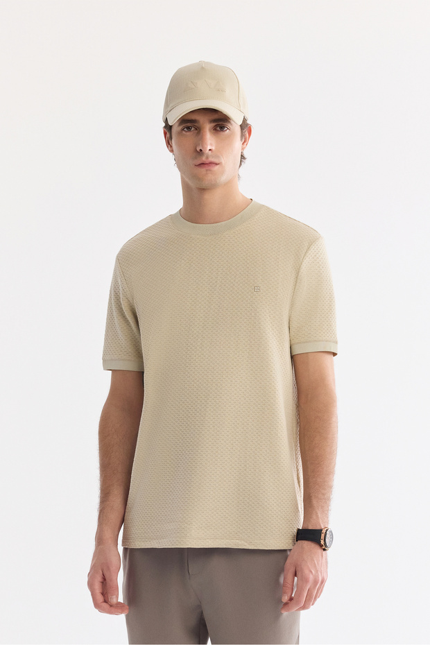 Men's Beige Crew Neck Cotton Pack Elastane Jacquard Regular Fit T-Shirt A61Y1032