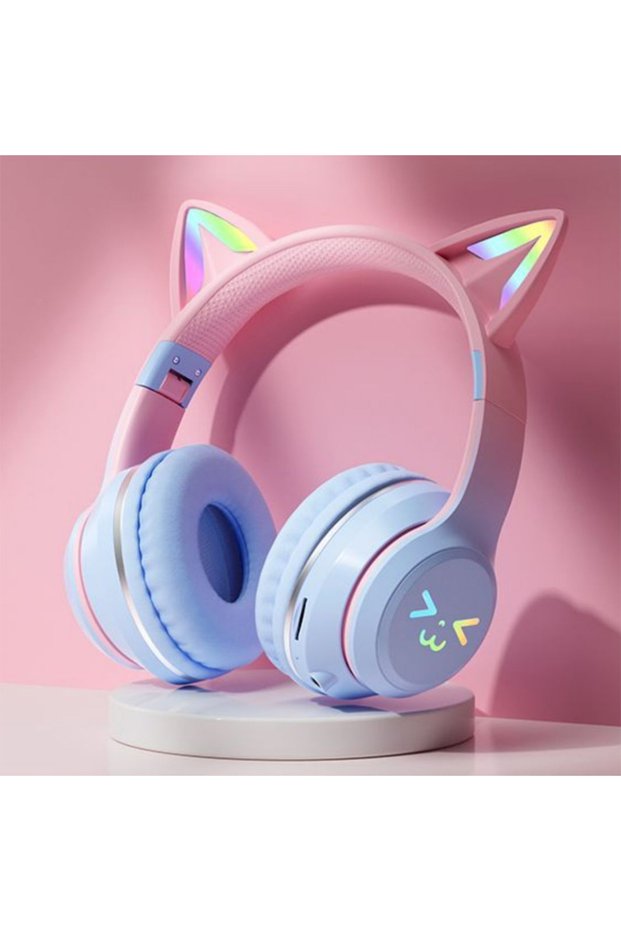 Blue Cat Cat's Ears Headset RGB Light Smile Face TWS Headset Gradient New Headphone Pink Little Girl
