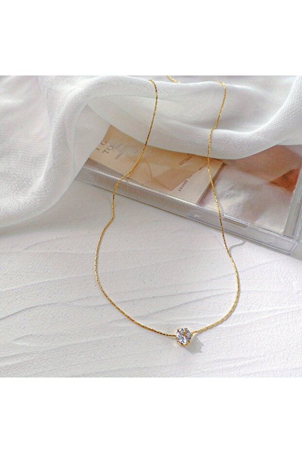 Clear Light Yellow Gold Color Simple Stainless Steel Golden Wire Chain Advanced Sense Inlaid Necklac