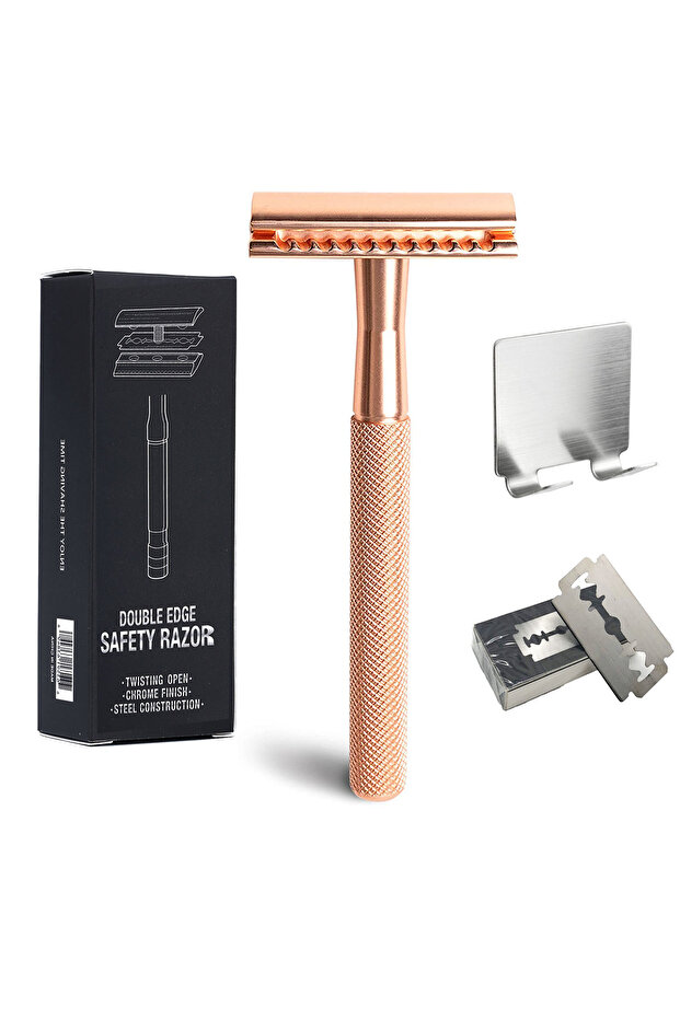gold set Stainless Steel Safety Razor with Weighted Handle for Men Double Edge Blade Refills, Single