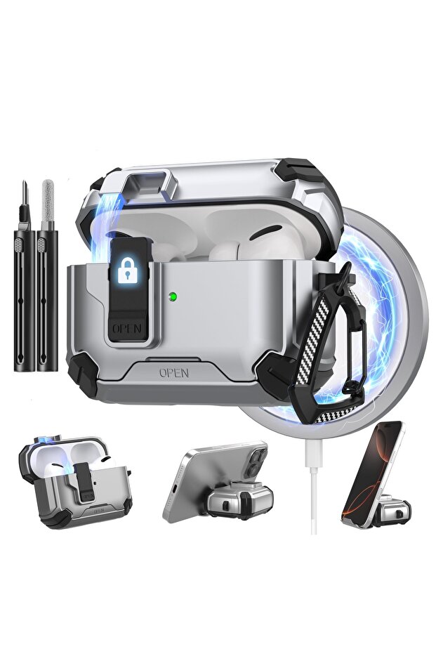 حافظة فضية لسماعات Airpods 4 مع قلم، حافظة لسماعات AirPods الجيل الرابع مع قفل مغناطيسي تلقائي للهاتف