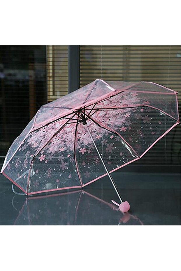 Pink Transparent Clear UmbrellaFolding Cute Korean Mini Fresh Simple Sen Series Trifold Cherry Bloss