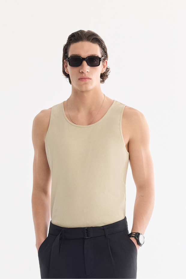 Men's Beige Sleeveless Basic Ribbed Regular Fit Undershirt B001058