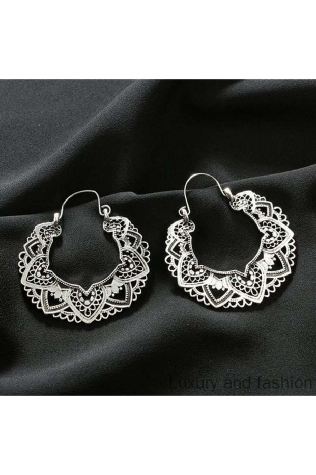 C722-1 Vintage Antique Silver Color Carving Drop Earrings for Women Ethnic Piercing Hoop Earrings Pa