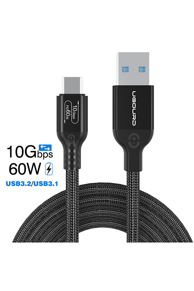 كابل UGOURD أسود بطول 0.5 متر، USB-A إلى Type-C، USB3.2 Gen2، 10 جيجابت في الثانية، 60 واط، لنقل البيانات من النوع A إلى النوع C
