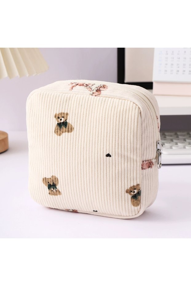 Little bear Multi Functional Corduroy Small Square Bag, Sanitary Cotton, Lipstick, Headphone Storage